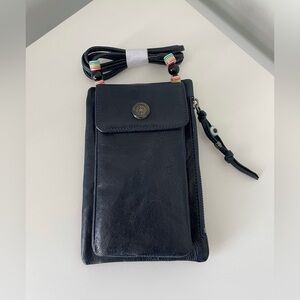 Blue Leather Crossbody Phone Bag with Beaded Strap
